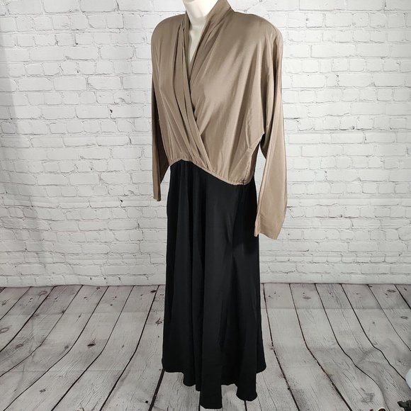 VTG Liz Roberts Black Beige Color Block Long Sleeve Polyester Maxi Dress Size 10 - Picture 2 of 11